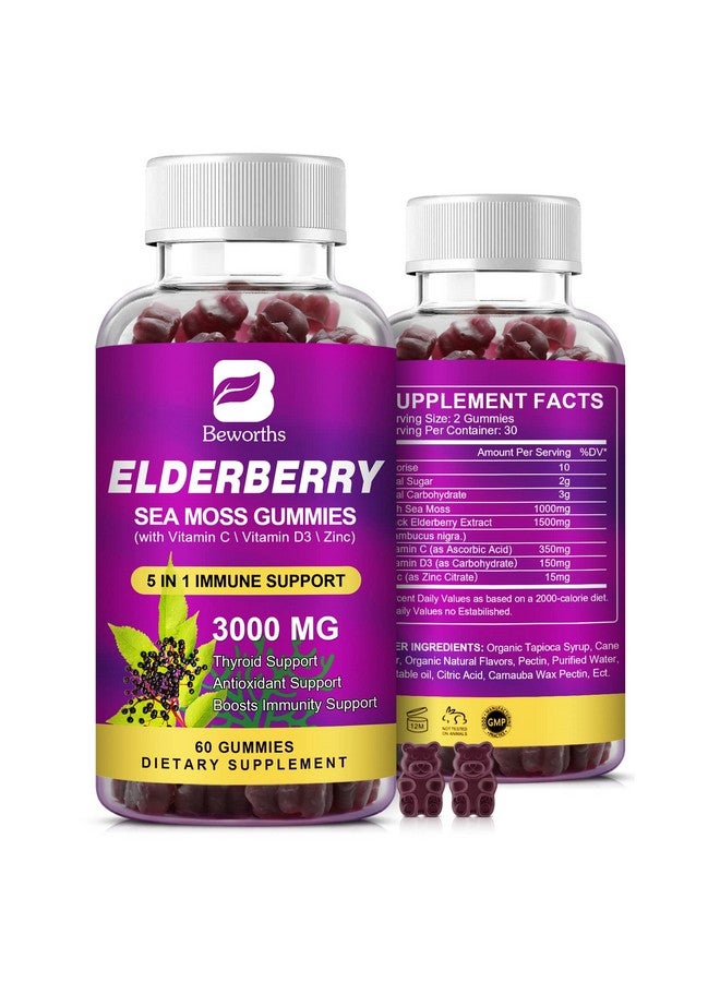 B BEWORTHS Elderberry Gummies & Irish Sea Moss, Organic Sambucus Elderberry Gummy with Seamoss, Zinc, Vitamin C, D3, Multivitamin Elderberry Vitamin Immune & Energy Support Supplements - Sugar-Free - Image 1