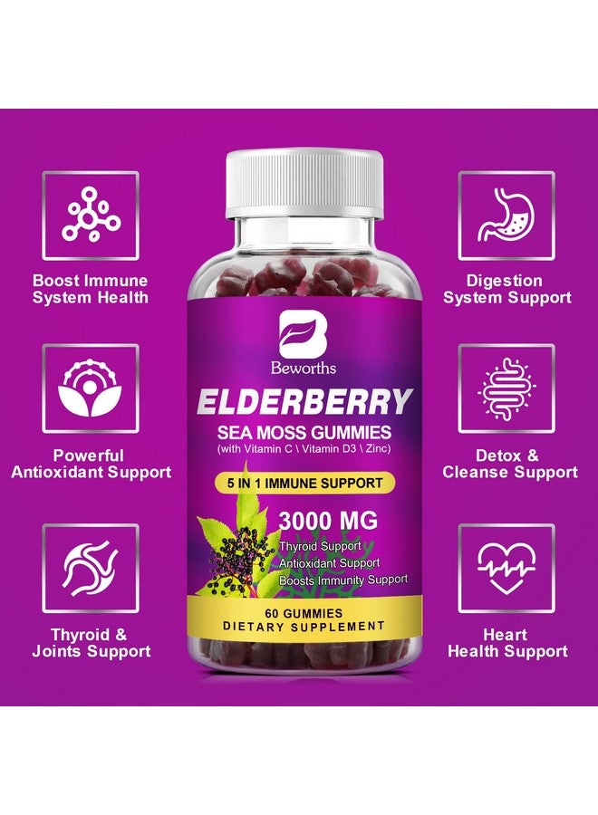 B BEWORTHS Elderberry Gummies & Irish Sea Moss, Organic Sambucus Elderberry Gummy with Seamoss, Zinc, Vitamin C, D3, Multivitamin Elderberry Vitamin Immune & Energy Support Supplements - Sugar-Free - Image 3