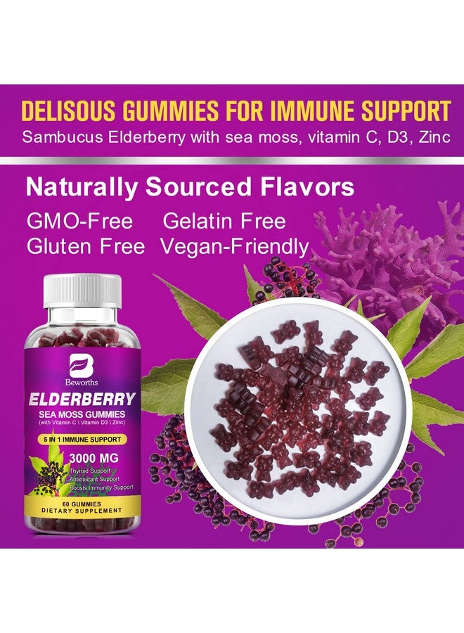 B BEWORTHS Elderberry Gummies & Irish Sea Moss, Organic Sambucus Elderberry Gummy with Seamoss, Zinc, Vitamin C, D3, Multivitamin Elderberry Vitamin Immune & Energy Support Supplements - Sugar-Free - Image 5