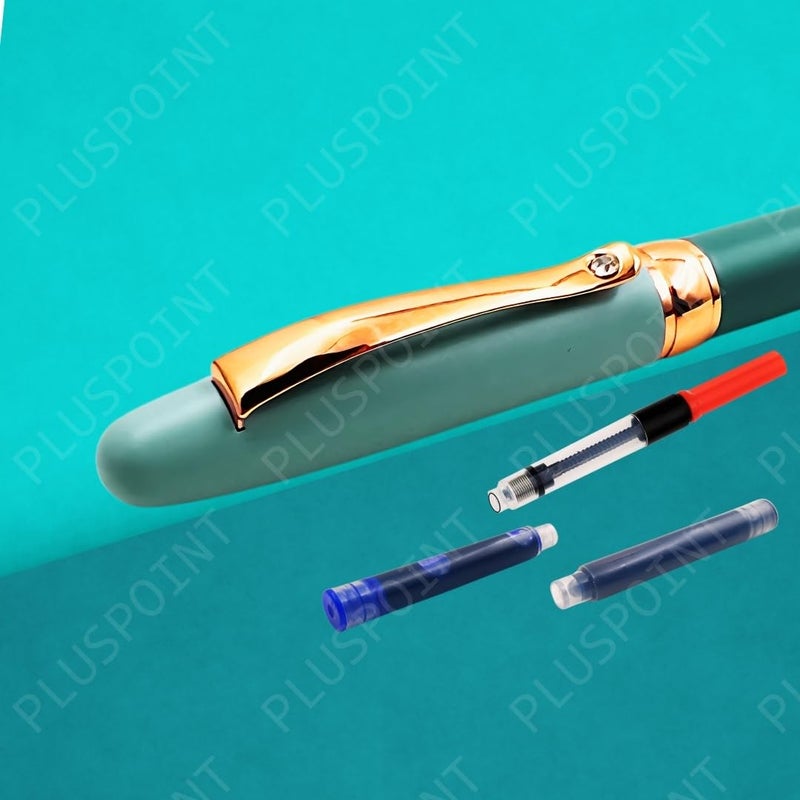 PLUSPOINT قلم حبر فاخر بجسم معدني، تشطيب أزرق غير لامع، مشبك مزين بالحجر، قلم إيريديوم، تفاصيل باللون الوردي الذهبي، مجموعة هدايا تشمل محول حبر للرجال والنساء، التنفيذيين، الأطفال - Image 5