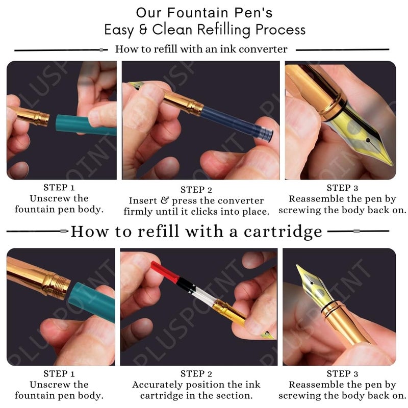 PLUSPOINT قلم حبر فاخر بجسم معدني، تشطيب أزرق غير لامع، مشبك مزين بالحجر، قلم إيريديوم، تفاصيل باللون الوردي الذهبي، مجموعة هدايا تشمل محول حبر للرجال والنساء، التنفيذيين، الأطفال - Image 3