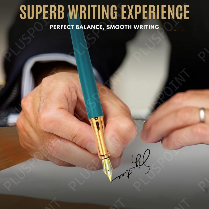PLUSPOINT قلم حبر فاخر بجسم معدني، تشطيب أزرق غير لامع، مشبك مزين بالحجر، قلم إيريديوم، تفاصيل باللون الوردي الذهبي، مجموعة هدايا تشمل محول حبر للرجال والنساء، التنفيذيين، الأطفال - Image 2