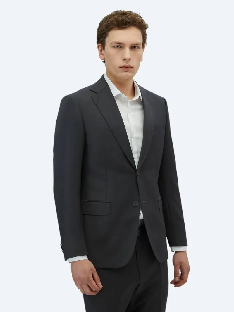 Kip Hard Coal Plain Modern Fit Wool Blended Suit