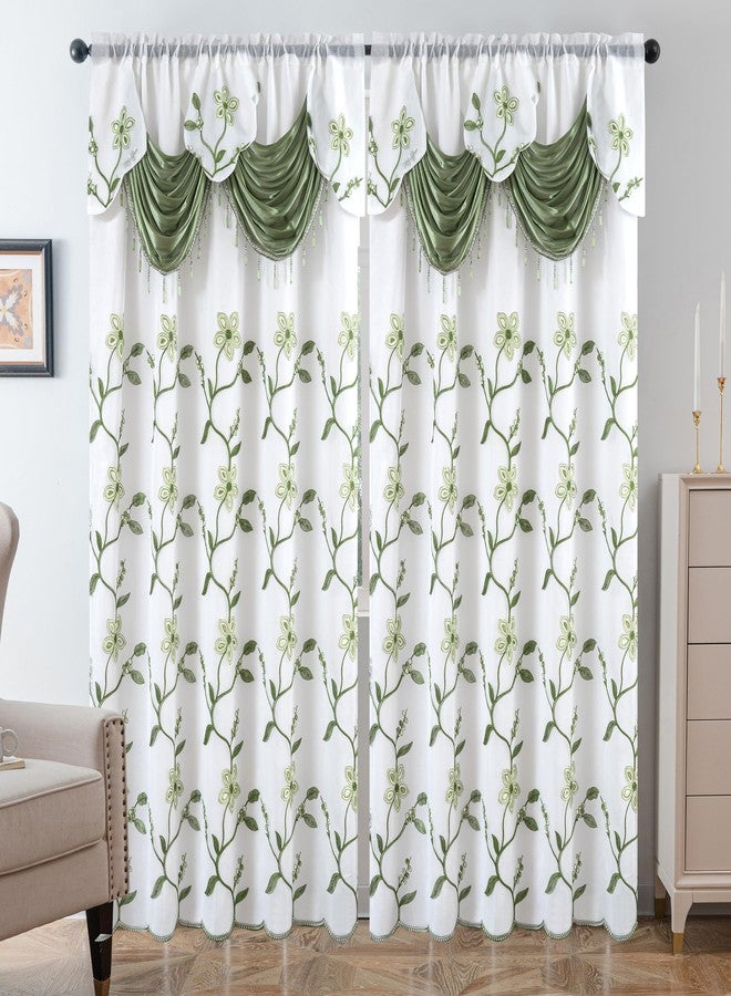 Petrichor Embroidery Sheer Curtain 2 Panels Set - Luxury Window Curtain Attached Valance with Satin Backing and 2 Tie Backs for Living Room,Dining Room, 54x84 inches, Sage Green - Image 2