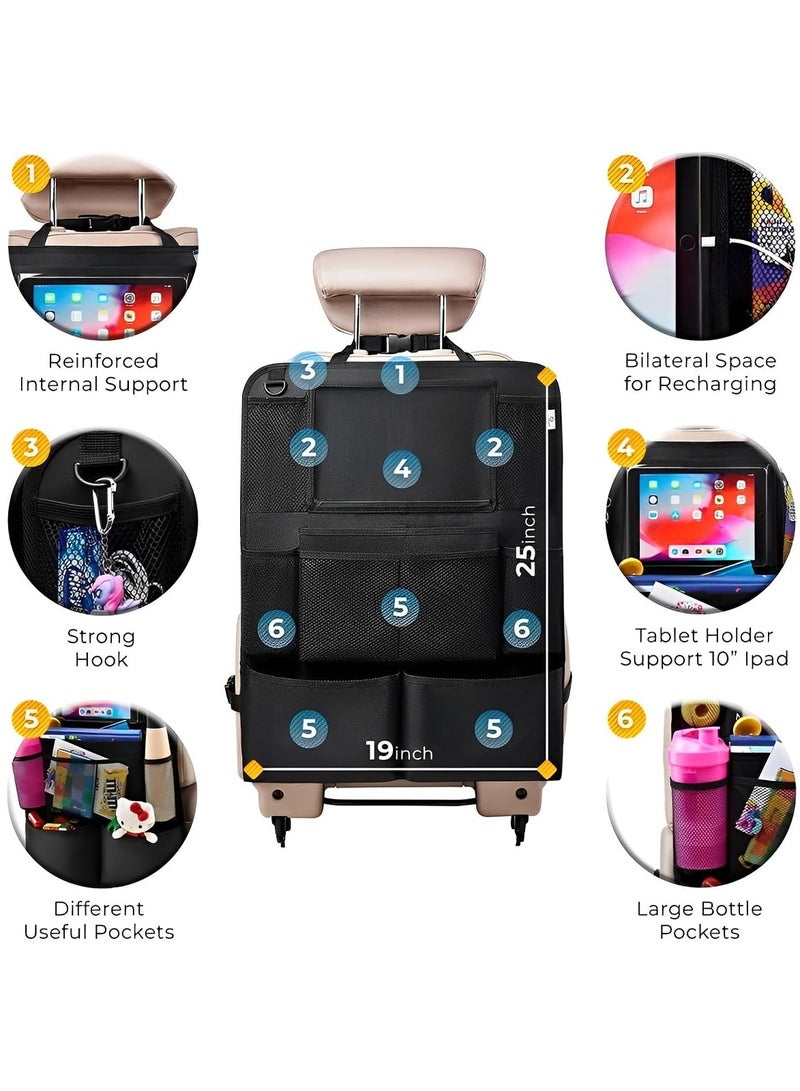 SYOSI منظم مقعد السيارة قطعة واحدة، سجادة ركل مقعد السيارة مع 9 جيوب تخزين، واقي مقعد السيارة المقاوم للماء مع حامل لوحي بشاشة تعمل باللمس للأطفال، ملحقات سفر عالمية للسيارة (19 × 25 بوصة، رمادي) - Image 3