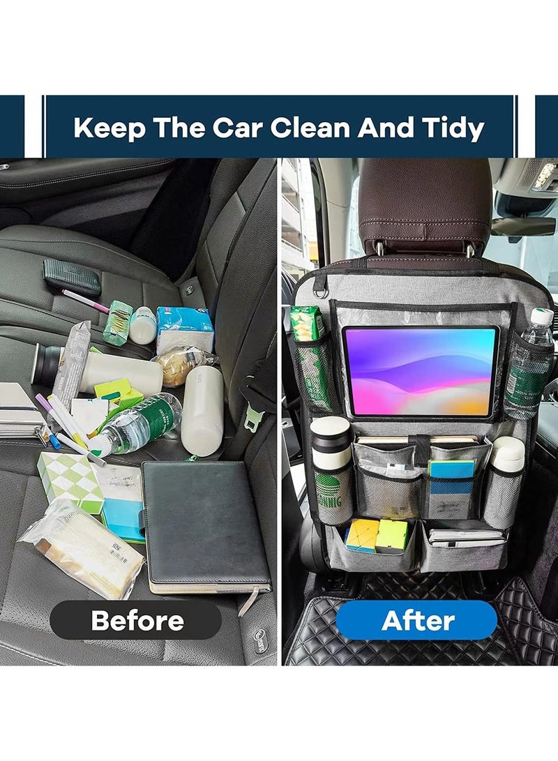 SYOSI منظم مقعد السيارة قطعة واحدة، سجادة ركل مقعد السيارة مع 9 جيوب تخزين، واقي مقعد السيارة المقاوم للماء مع حامل لوحي بشاشة تعمل باللمس للأطفال، ملحقات سفر عالمية للسيارة (19 × 25 بوصة، رمادي) - Image 4