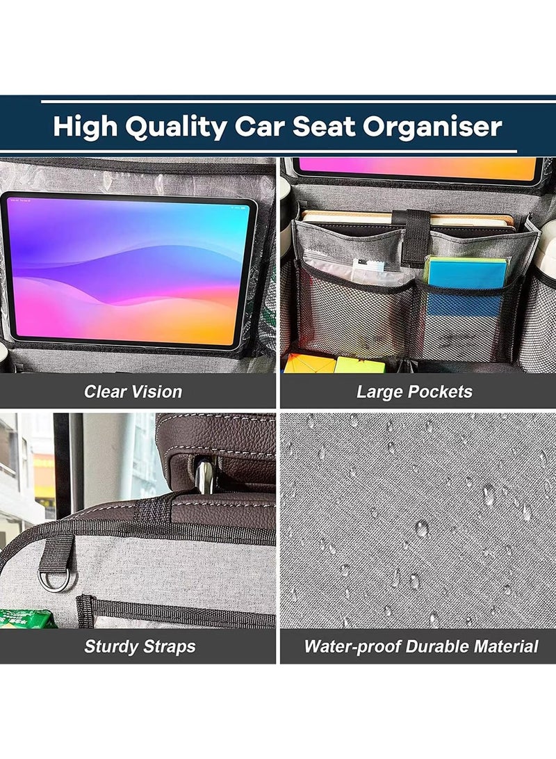 SYOSI منظم مقعد السيارة قطعة واحدة، سجادة ركل مقعد السيارة مع 9 جيوب تخزين، واقي مقعد السيارة المقاوم للماء مع حامل لوحي بشاشة تعمل باللمس للأطفال، ملحقات سفر عالمية للسيارة (19 × 25 بوصة، رمادي) - Image 5