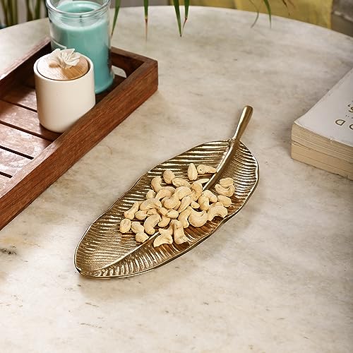 HEYEARTH 14 Inch Gold Leaf Decorative Serving Tray Platter.Decorative Tray for Center Table.Centerpiece Platter Trays for Home Decor - Gold - Image 2
