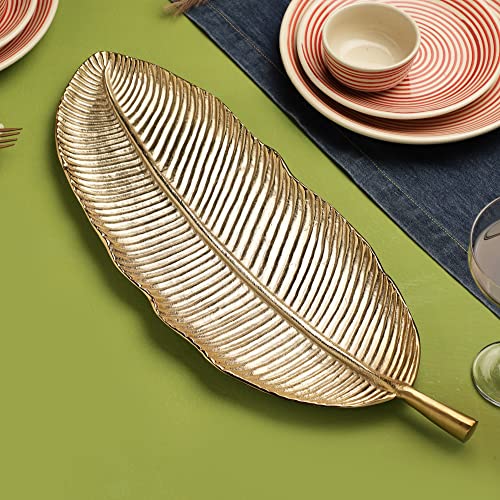 HEYEARTH 14 Inch Gold Leaf Decorative Serving Tray Platter.Decorative Tray for Center Table.Centerpiece Platter Trays for Home Decor - Gold - Image 1