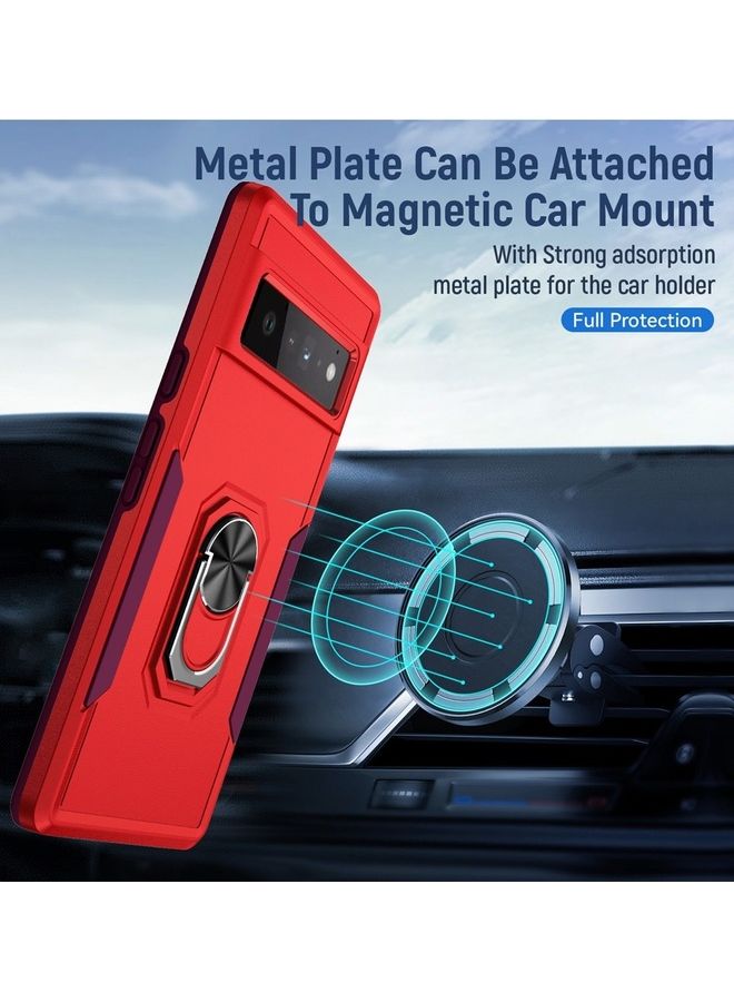MARGOUN Google Pixel 6 Pro Hybrid Case with Magnetic Metal Ring Holder Kickstand Rugged Military Drop Protection Cover Red - Image 3