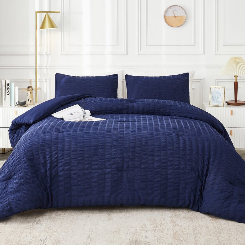 AveLom Seersucker King Comforter Set 104x90 inches 3 Pieces 100 Soft Washed Microfiber Lightweight Comforter with 2 Pillowcases All Season Down Alternative Comforter Set for Bedding Navy