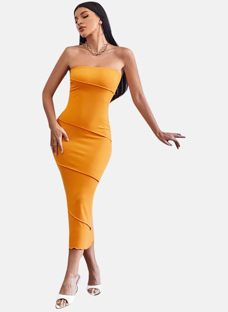 يونيكي Yellow Solid Sleeveless Off-shoulder Midi Bodycon Dress