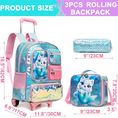 Meetbelify Cute Cat Rolling Backpack for Girls Backpack with Wheels for Elementary Student Kids School Bag with Lunch Box Pencil Case for Girls Ages 6-8 Years Old - Image 2