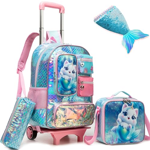 Meetbelify Cute Cat Rolling Backpack for Girls Backpack with Wheels for Elementary Student Kids School Bag with Lunch Box Pencil Case for Girls Ages 6-8 Years Old - Image 1