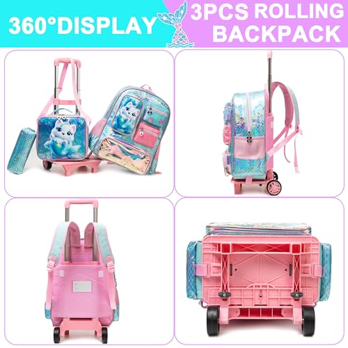 Meetbelify Cute Cat Rolling Backpack for Girls Backpack with Wheels for Elementary Student Kids School Bag with Lunch Box Pencil Case for Girls Ages 6-8 Years Old - Image 3