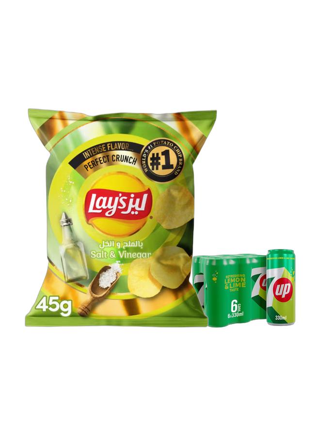 7up لايز رقائق البطاطس بالملح والخل 45 جرام + علب مشروب غازي كربوني 7 أب 330 مل عبوة من 6 - Image 1