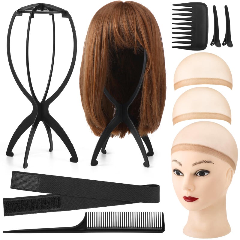 ProSuites 9 Pack Set 2 Wig Head Stand with 2 PCS Wig Brush Comb 2 Hair Net 1 Grip Band 2 Clips Set for for Travel Home Use - Image 1