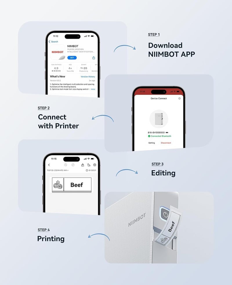 NIIMBOT صانع الملصقات لملصقات الفريزر لصناديق التخزين، طابعة ملصقات B18 مع خرطوشة شريط أسود وملصقات بيضاء، تدعم الطباعة متعددة الألوان - Image 2