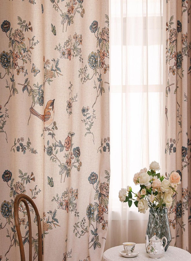 ISAENNE Vintage Beige Linen Curtains with Bird and Flowers Pattern,Western Semi-Blackout Curtain with Grommet for Kitchen Bedroom Livingroom,2 Panels 65 Inches Wide by 71 Inches Long -Cornucopi - Image 2