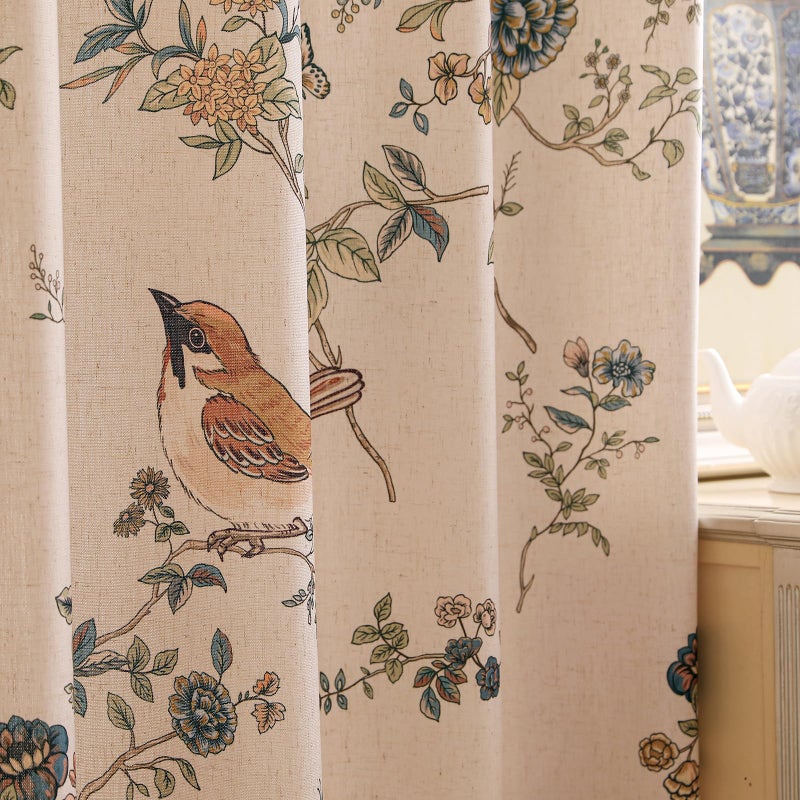 ISAENNE Vintage Beige Linen Curtains with Bird and Flowers Pattern,Western Semi-Blackout Curtain with Grommet for Kitchen Bedroom Livingroom,2 Panels 65 Inches Wide by 71 Inches Long -Cornucopi - Image 1