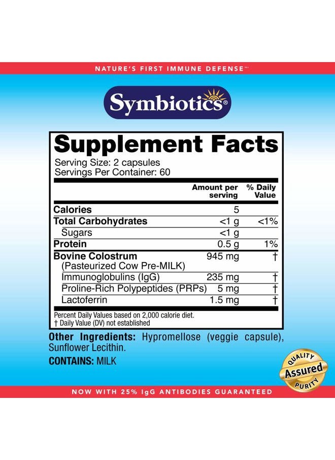 Symbiotics - Colostrum 120ct Vegetable Capsules - Immunity Support - Lactoferrin Supplement & Colostrum Protein with Immunoglobulin - 25% lgG Antibodies - Gluten Free - Image 1