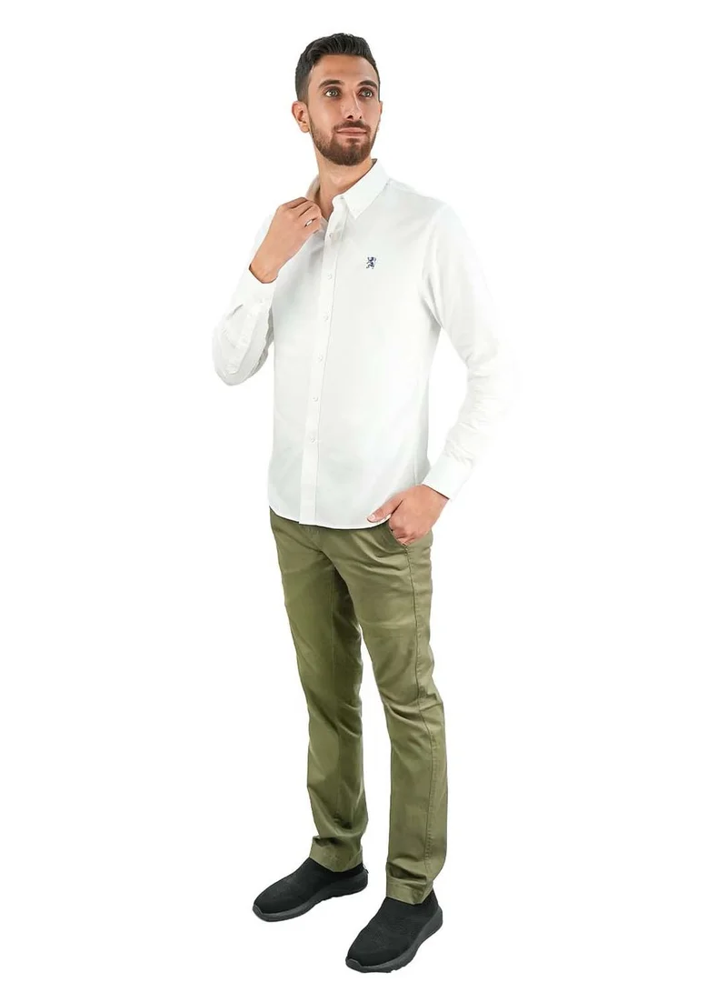 GIORDANO Men's Cotton Oxford Shirt - Small Lion Embroidery, Slim Fit, Full Button