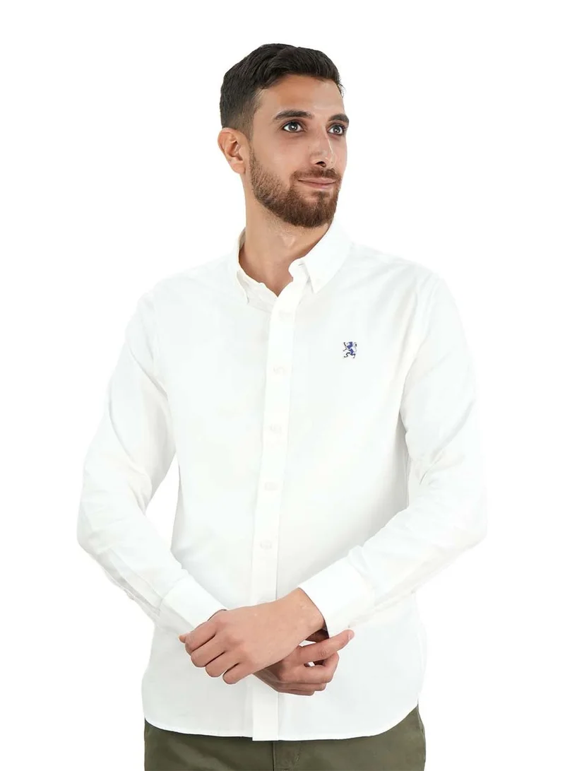 GIORDANO Men's Cotton Oxford Shirt - Small Lion Embroidery, Slim Fit, Full Button