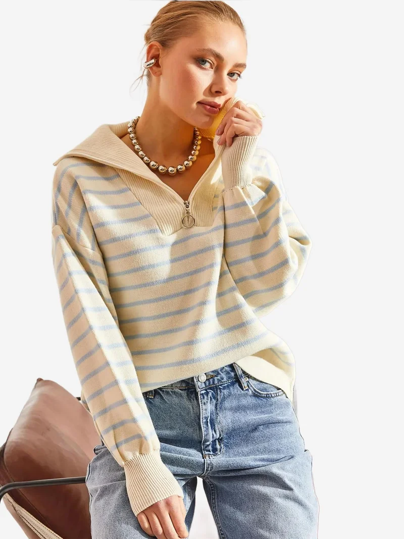 Bianco Lucci LUCCI Striped Boxy Crop Sweater with Zipper Collar