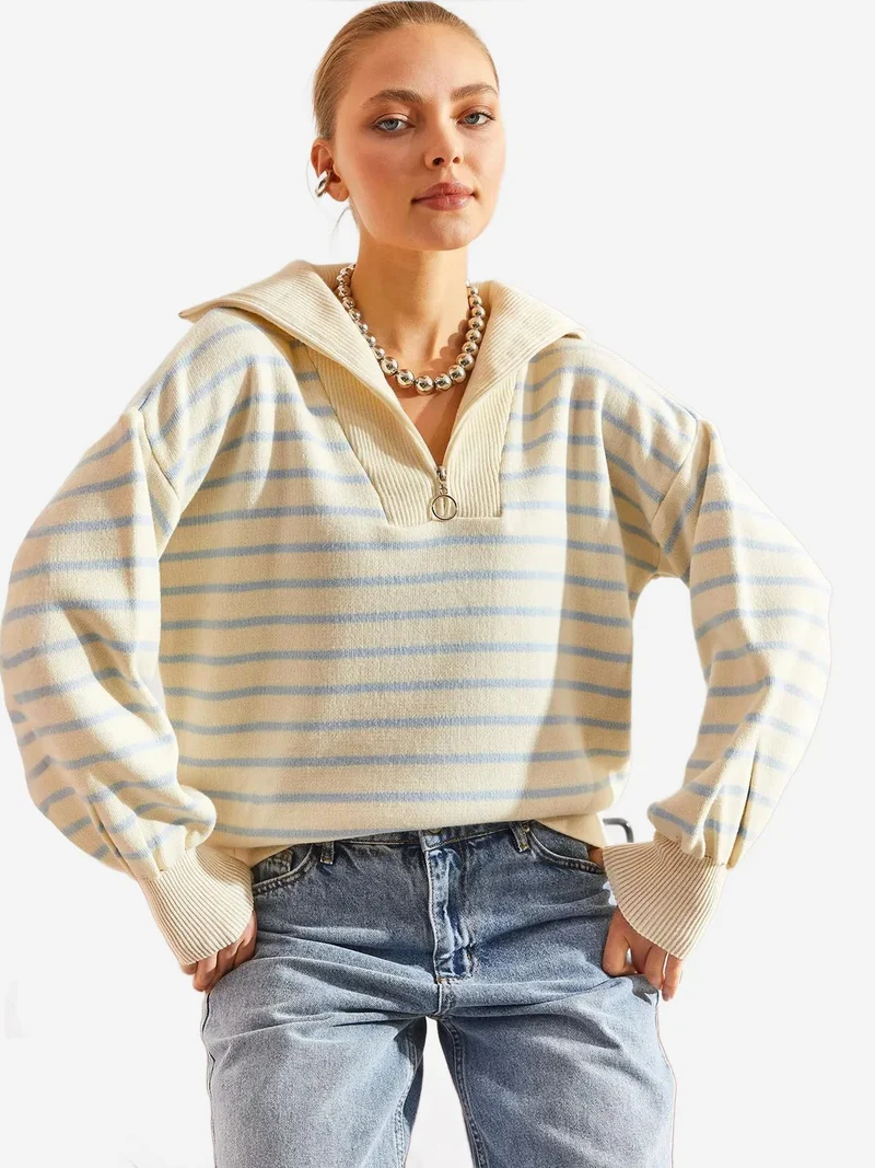 Bianco Lucci LUCCI Striped Boxy Crop Sweater with Zipper Collar