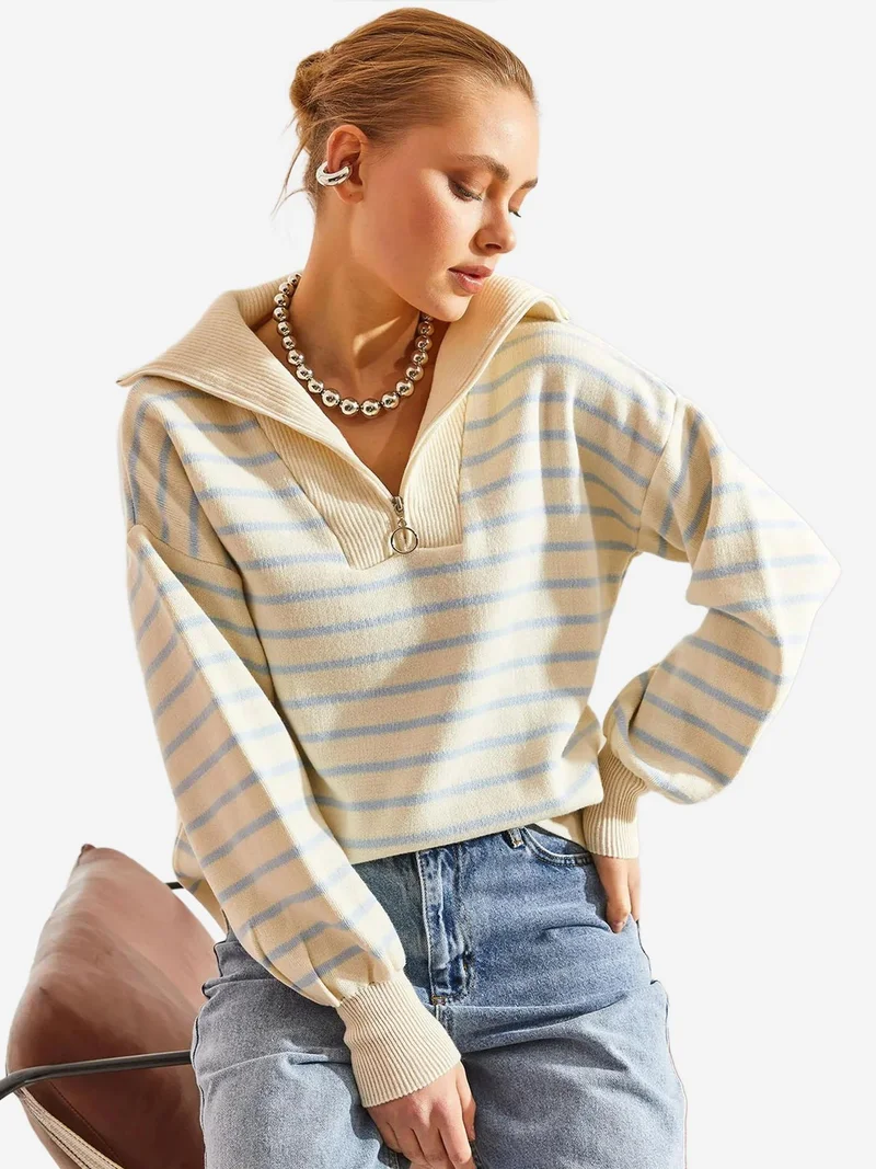 Bianco Lucci LUCCI Striped Boxy Crop Sweater with Zipper Collar