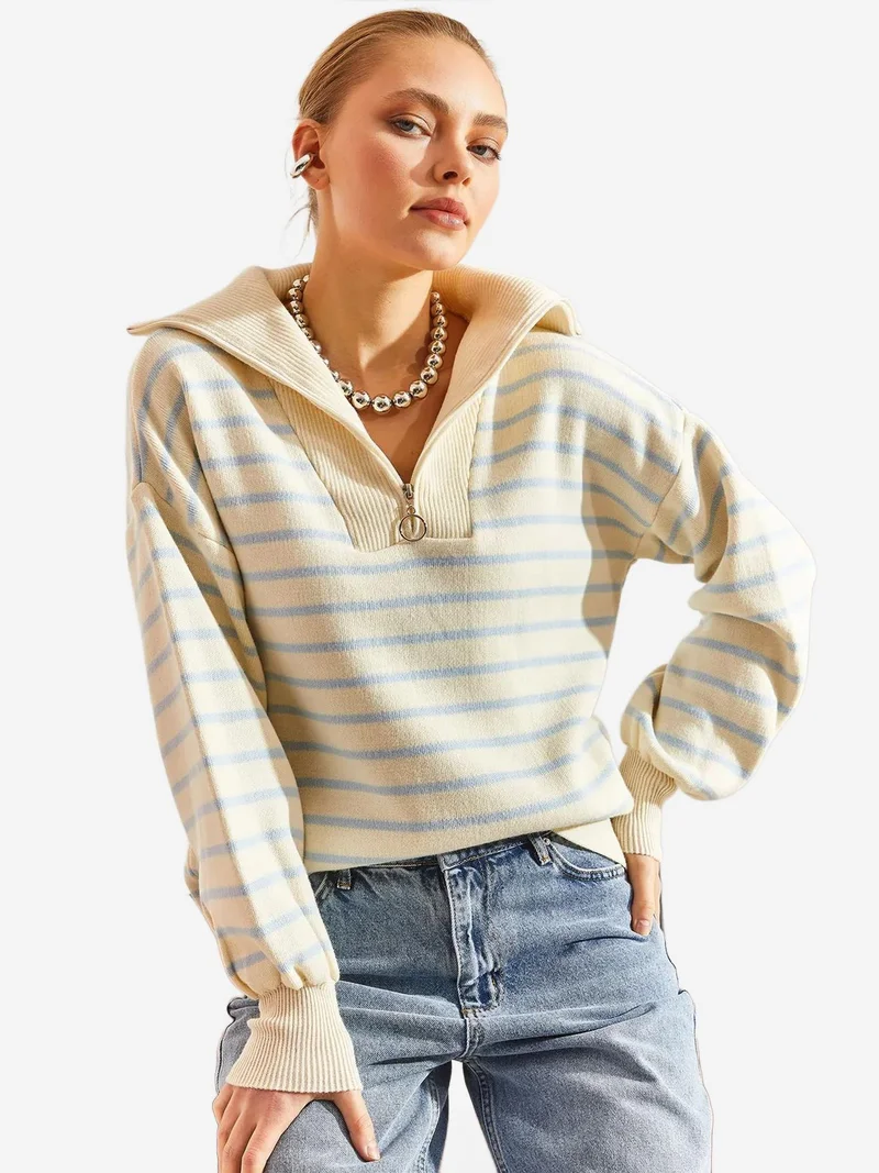Bianco Lucci LUCCI Striped Boxy Crop Sweater with Zipper Collar