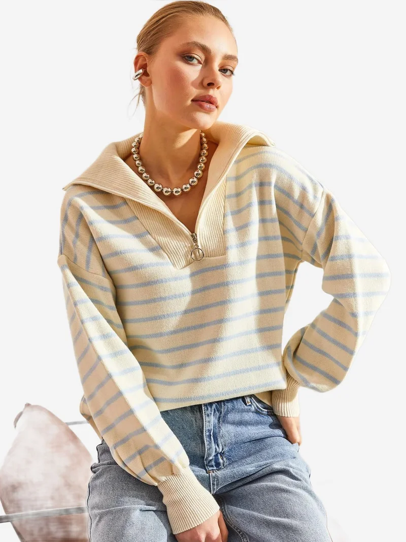 Bianco Lucci LUCCI Striped Boxy Crop Sweater with Zipper Collar