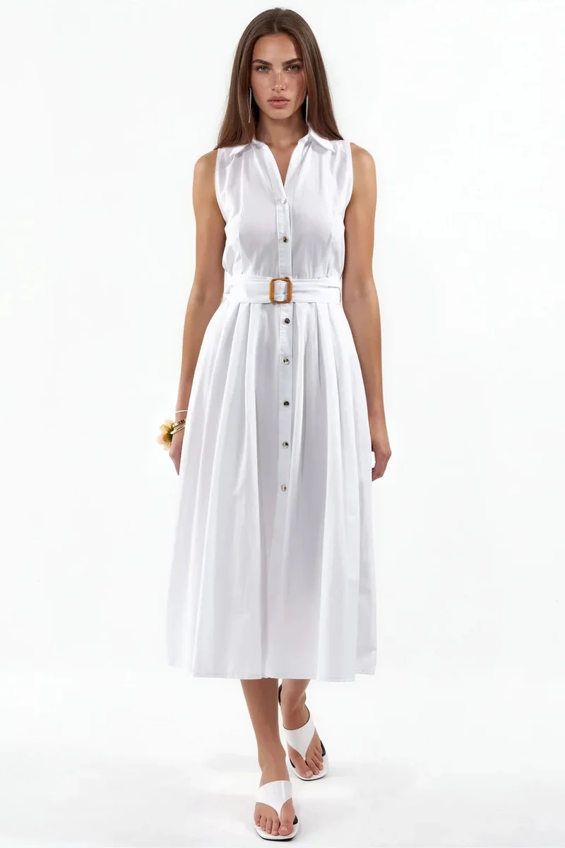 BUSEM Belted Sleeveless Poplin Shirt Midi Dress