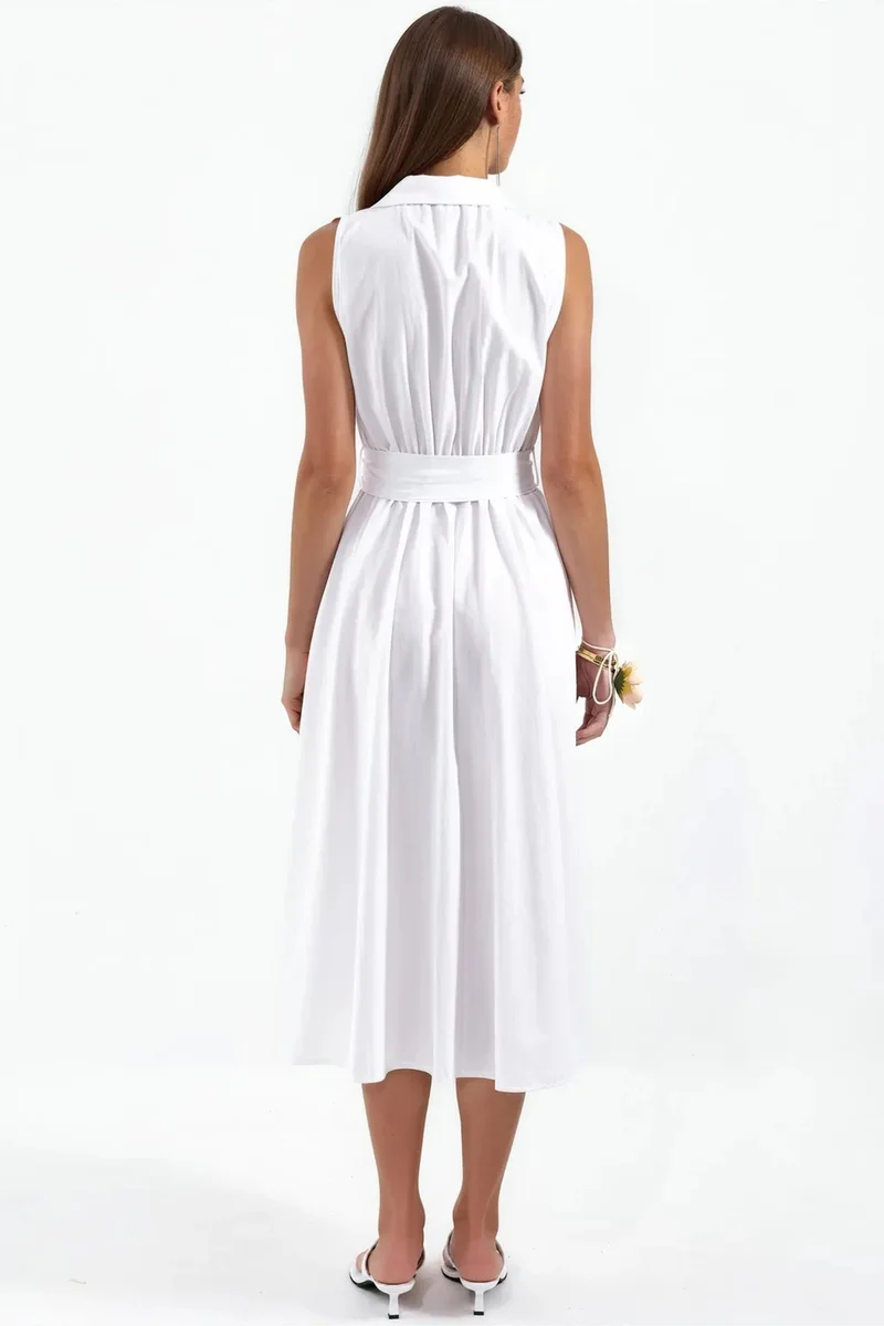 Busem White BUSEM Belted Sleeveless Poplin Shirt Midi Dress for Women | Best Price UAE