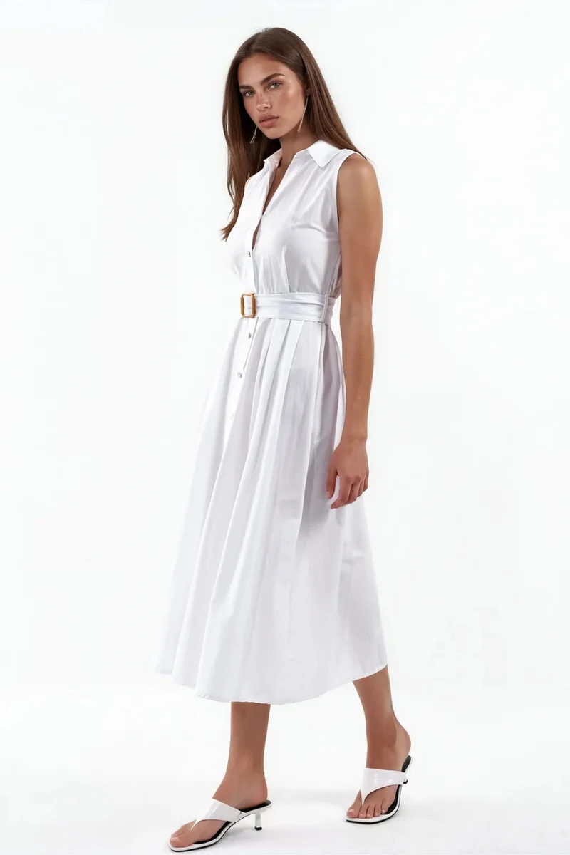 Busem White BUSEM Belted Sleeveless Poplin Shirt Midi Dress for Women | Best Price UAE