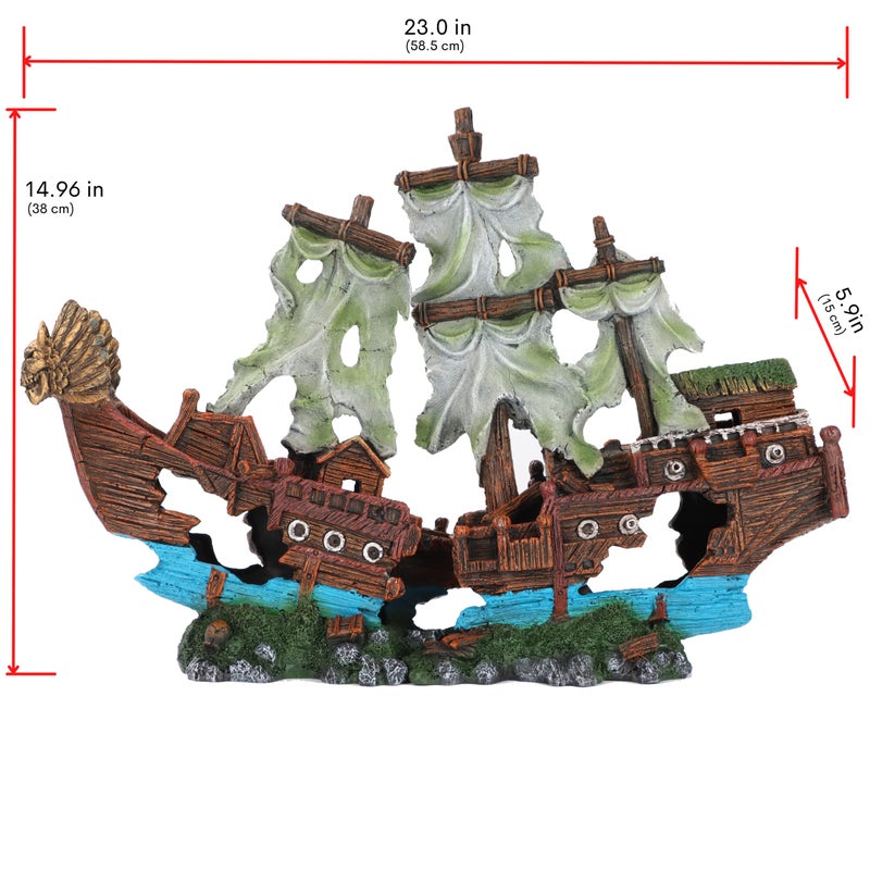 UNEAK - XXL Shipwreck Aquarium Large Decorations Ornament w/Sail (2 Pieces) 20 Gallons high and Larger Fish Tank, Sunken Ship Decoration Ornaments, Pirate Boat, Resin, Freshwater Saltwater Decor - Image 3