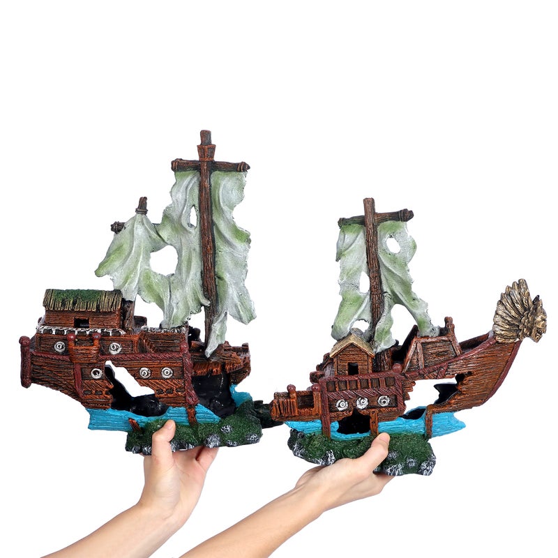 UNEAK - XXL Shipwreck Aquarium Large Decorations Ornament w/Sail (2 Pieces) 20 Gallons high and Larger Fish Tank, Sunken Ship Decoration Ornaments, Pirate Boat, Resin, Freshwater Saltwater Decor - Image 5