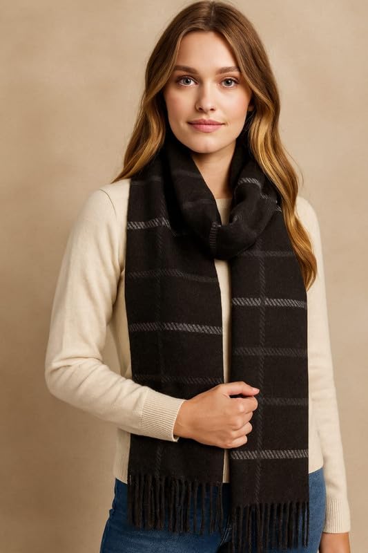 Krystle Woolen Muffler for Women – Soft Checked Scarf with Tassels | Warm & Stylish Winter Accessory (Free Size,Brown) - Image 2