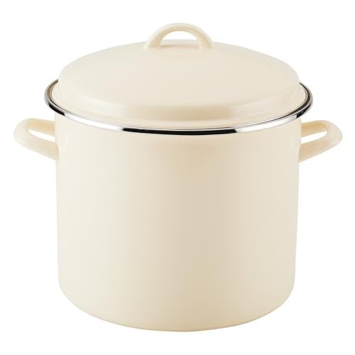 Rachael Ray Enamel on Steel Stockpot with Lid, Induction Suitable, 12 Quart, Almond Cream - Image 1