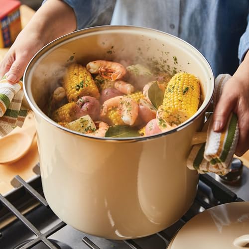 Rachael Ray Enamel on Steel Stockpot with Lid, Induction Suitable, 12 Quart, Almond Cream - Image 4