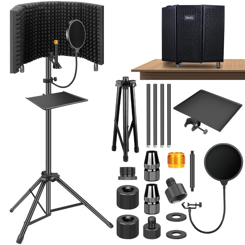 Dmsky Microphone Isolation Shield with Pop Filter & Tripod Stand, Foldable Mic Shield with Triple Sound Insulation, High Density Mic Sound Shield for Recording Studio, Podcasts, Singing, Broadcasting - Image 1