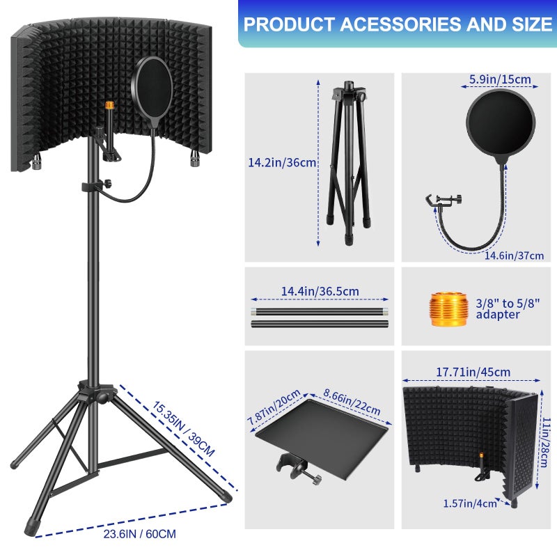 Dmsky Microphone Isolation Shield with Pop Filter & Tripod Stand, Foldable Mic Shield with Triple Sound Insulation, High Density Mic Sound Shield for Recording Studio, Podcasts, Singing, Broadcasting - Image 3