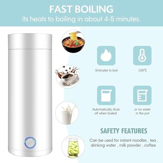 DOOKOO Portable Travel Kettle 400Ml Small Electric Travel Kettle 3 In 1 Electric Heating Cup Fast Boil And Auto Shut Off Heating Mug For Tea Coffee Baby Milk Stainless Steel Kettle White - Image 4