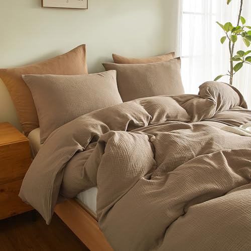 SE SOFTEXLY Muslin Duvet Cover California King Size, 100% Washed Cotton Duvet Cover Set, Ultra Soft Comforter Cover Linen Like, 3 Pieces Gauze Duvet Cover with 2 Pillowcases, 98"x104", Light Brown - Image 4