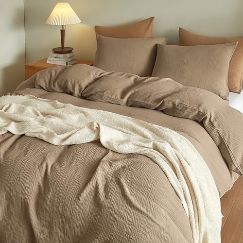 SE SOFTEXLY Muslin Duvet Cover California King Size, 100% Washed Cotton Duvet Cover Set, Ultra Soft Comforter Cover Linen Like, 3 Pieces Gauze Duvet Cover with 2 Pillowcases, 98"x104", Light Brown - Image 5