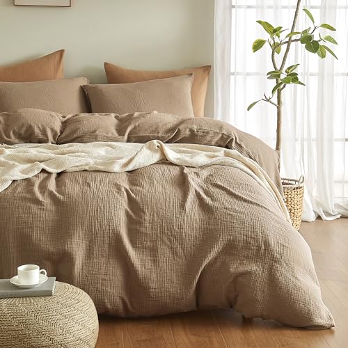 SE SOFTEXLY Muslin Duvet Cover California King Size, 100% Washed Cotton Duvet Cover Set, Ultra Soft Comforter Cover Linen Like, 3 Pieces Gauze Duvet Cover with 2 Pillowcases, 98"x104", Light Brown - Image 1