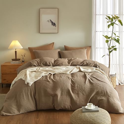 SE SOFTEXLY Muslin Duvet Cover California King Size, 100% Washed Cotton Duvet Cover Set, Ultra Soft Comforter Cover Linen Like, 3 Pieces Gauze Duvet Cover with 2 Pillowcases, 98"x104", Light Brown - Image 2