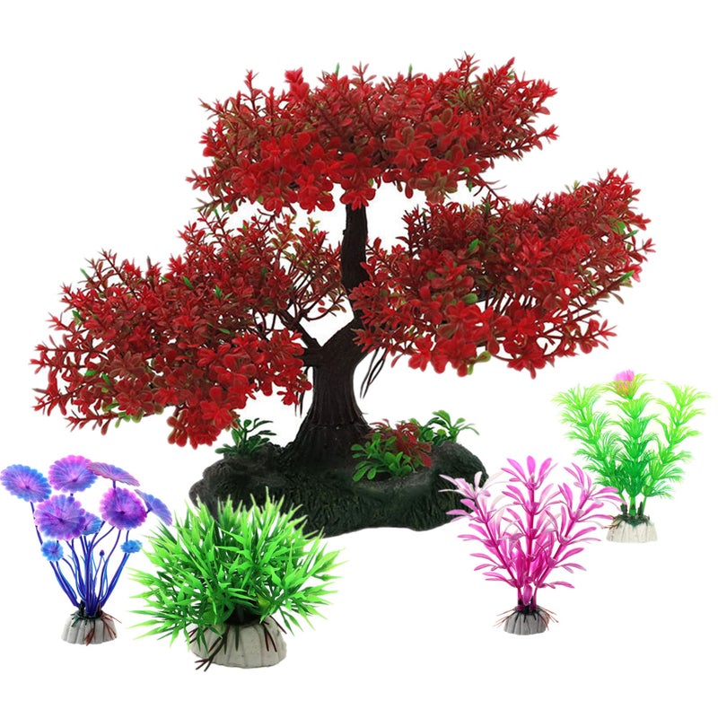 alfyng 5pcs Aquarium Tree Trunk Large Plants Decorations Simulation Resin Cherry Blossom Tree Aquatic Plants Aquarium Decor Goldfish Tank Decorations Fish Tank Hides Tree Decoration Kit Red - Image 3