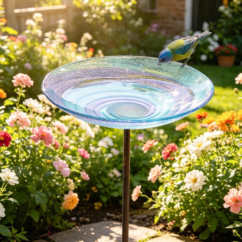 VCUTEKA Outdoor BirdBath Glass Bird Bath Garden Bird Feeder with Metal Stake - Image 2