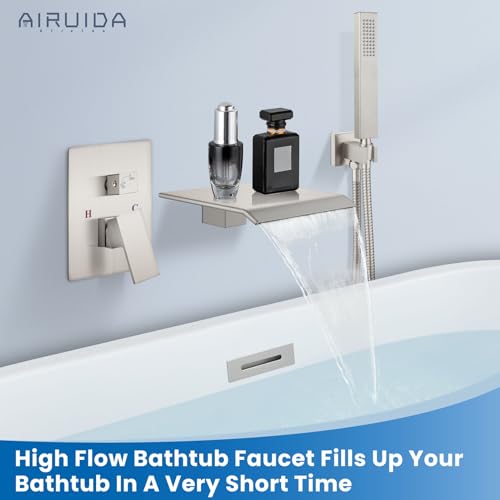 Airuida Wall Mount Tub Faucet with Waterfall Tub Spout Wall Mounted Bathtub Faucet with Handheld Shower Single Handle Tub Filler Shower Faucet Set with Rough-in valve Bevel Angle Spout Brushed Nickel - Image 2